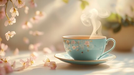 Fototapeta premium Traditional Teacup with Rising Steam and Soft Floral Background