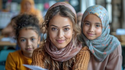 Young adult woman with two children in classroom wearing headscarves and smiling