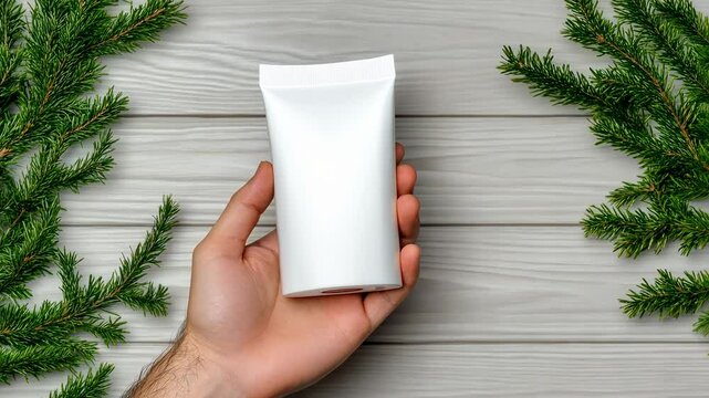 White tube mockup in hand with Christmas tree branches on wooden background. Perfect for cosmetic product presentation or advertising.