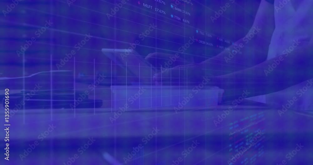 Poster person using tablet over digital stock market data and graphs animation