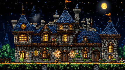 Pixelated Castle At Night With Glowing Windows