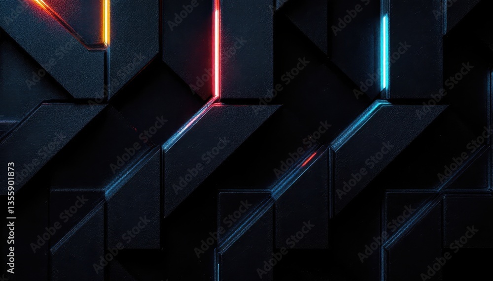 Poster abstract geometric pattern with neon lights and dark textured surface