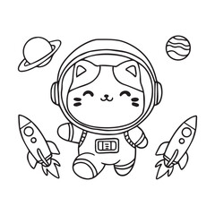 cute cat astronaut with spacesuit and set of rocket vector illustration . to colour