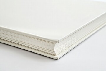 Close-up of a clean, unopened white book on a plain surface.