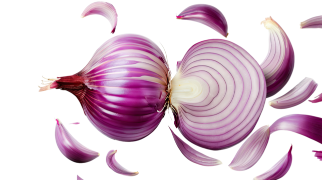 The Crimson Symphony: A vibrant red onion, expertly sliced to reveal its concentric rings, with delicate petals scattered around, offering a close-up view of freshness and culinary delight.