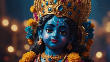 Divine Radiance: A portrait of a deity, resplendent in vibrant colors, adorned with intricate jewelry and a regal crown. The serene expression and traditional attire evoke a sense of divinity.