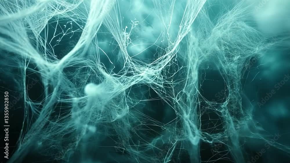 Poster ethereal underwater abstract showcasing intricate web structures, evoking sense of mystery and depth