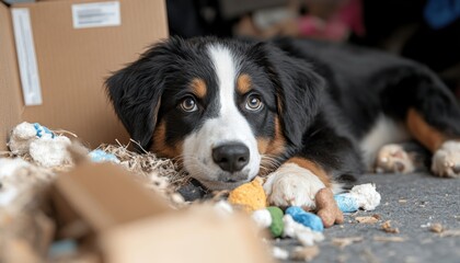 Playful pet puppy enjoys eco-friendly chew toys in a cozy home environment