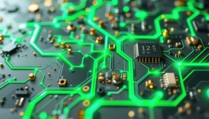 Obraz premium Close-up of a green circuit board with microchips and glowing traces