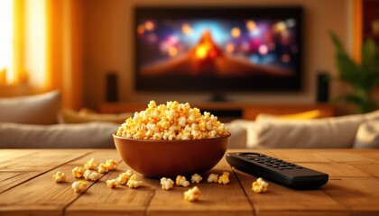 Cozy living room scene with popcorn bowl and remote control on wooden table