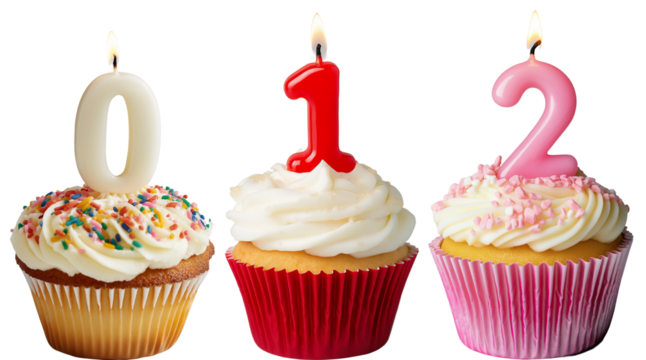 Number 0,1,2 Candle Cupcakes for Birthday Celebration