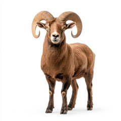 majestic ram with curved horns stands on white background