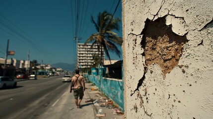 Man Walking Past Damaged Building in Tropical City Street Scene