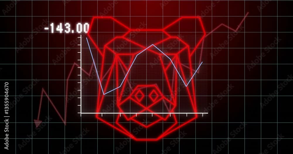 Poster animation of red bear outline with fluctuating stock graph on grid background