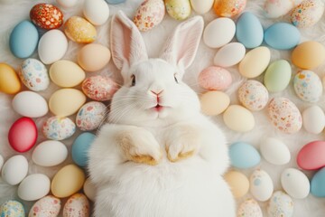3D Easter egg with bunnies, decorated and embellished with beads spelling "HAPPY EASTER". In the background, there is an open, blue-painted Easter egg full of small baby rabbits