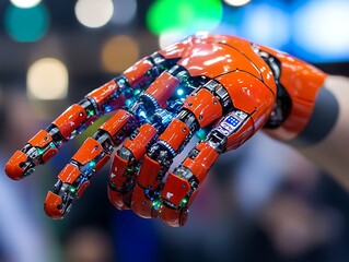 A detailed close up photograph of a futuristic mechanical hand