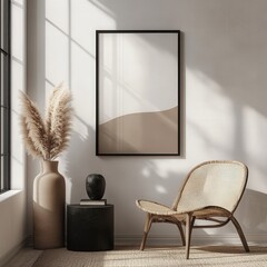 Modern minimalist living room with natural decor elements.