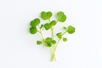 Fresh green microgreens on a white background.