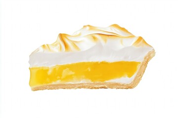 Lemon meringue pie slice on a white background.