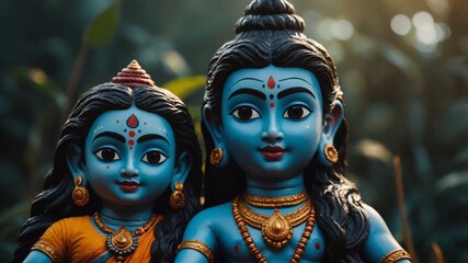 Divine Companions: Two serene Hindu deities, adorned with traditional jewelry and vibrant hues, stand side-by-side, their gentle expressions radiating peace. This image is a testament to devotion.