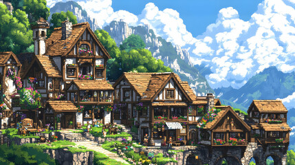 Fototapeta premium Pixelated Charming European Village In Mountains