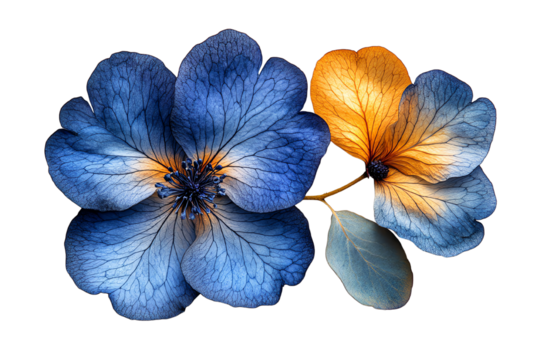 Two beautiful flowers, one blue and one orange, on a white isolate background showcasing delicate petals.