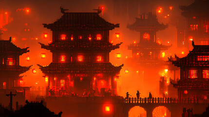 Fototapeta premium Pixelated Chinese Cityscape At Night With Red Glowing Lights
