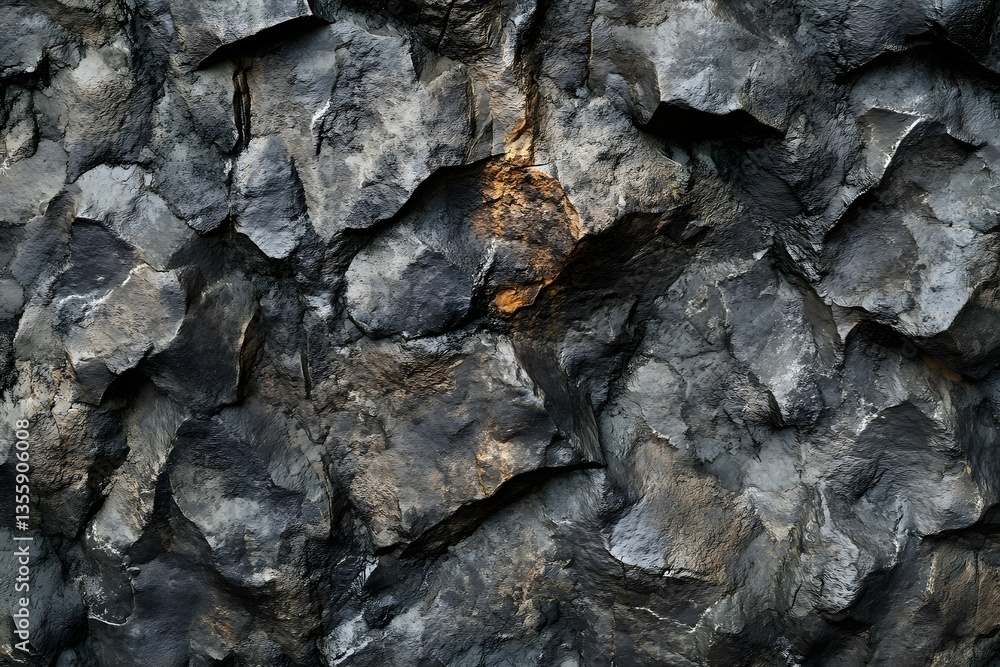 Poster close-up view of textured black rock surface with natural patterns and shadows, ideal for background