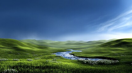 Serene river meandering through green hills under a blue sky