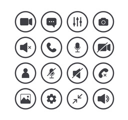 Icon Videocall. Set of video chat and user interface symbols. Phone, sound, microphone, camera, call buttons isolated on white background. Vector illustration in flat style.