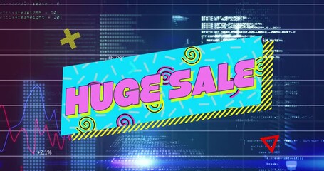 Animation of huge sale text with colorful patterns over digital coding background - Powered by Adobe