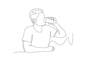 Man drinking a glass of water. Drinking water concept one-line drawing
