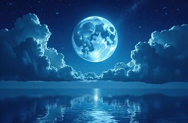 Romantic Moon With Clouds And Starry Sky Over Sparkling Blue Water 