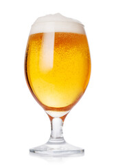 A glass of beer with a golden hue and frothy head, isolated on a clean white background