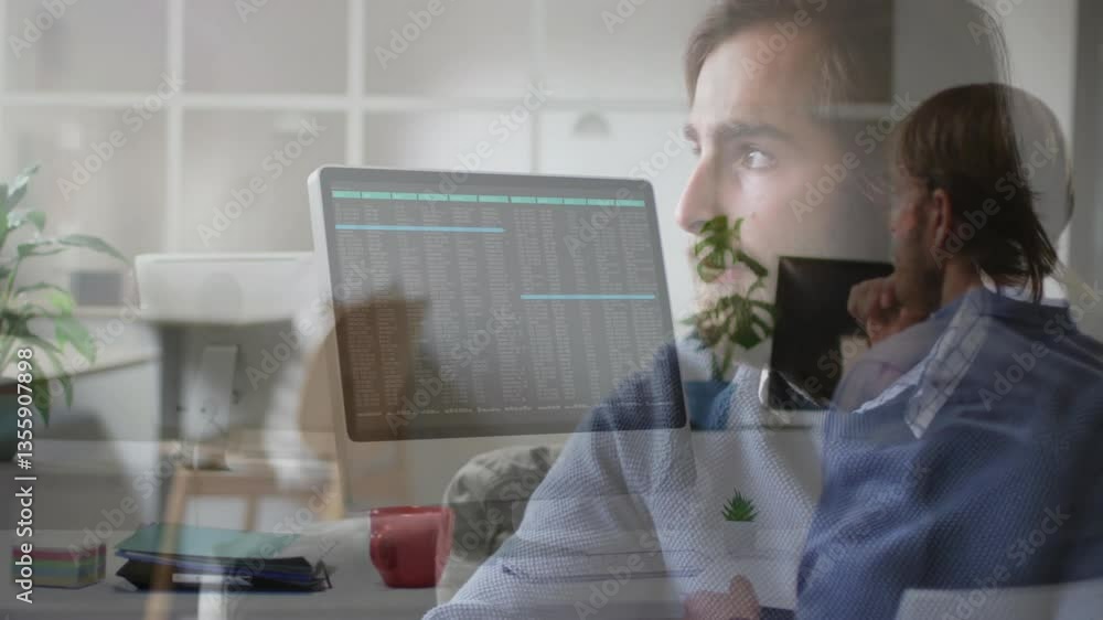 Poster animation of man at desk with computer code overlaying thoughtful expression