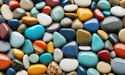Colorful collection of smooth polished stones and pebbles in natural patterns