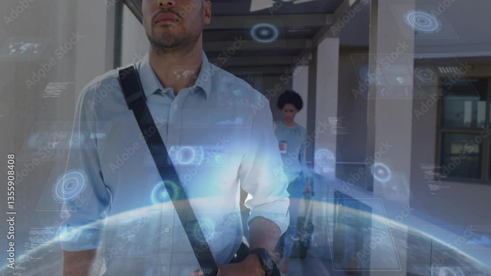Poster man walking in corridor with digital data processing animation overlay