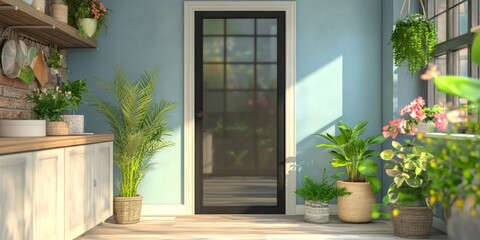 Bright interior features a door surrounded by various potted plants