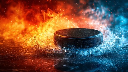 Hockey puck engulfed in fire and water.