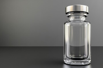 Transparent glass bottle with silver lid standing on a dark surface against a gray background