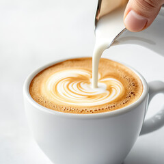Barista pouring steamed milk into espresso creating latte art