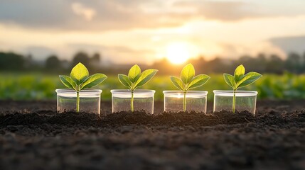 Young plants growing sunset field.