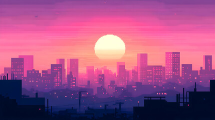 Fototapeta premium Pixelated City Sunset In Pink Hues