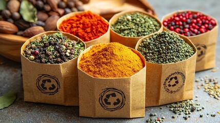 Assorted spices in eco-friendly paper bags.