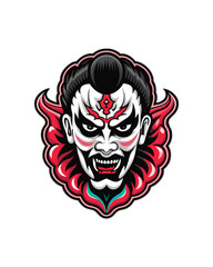 A striking portrait of a Kabuki actor in elaborate, traditional costume and dramatic makeup, showcasing intricate details of the attire and facial features.