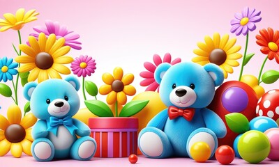 Obraz premium Colorful teddy bears with floral background and vibrant toys for cheerful design
