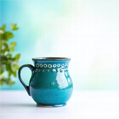 Beautiful blue vase with a green plant set against a soft focus background of nature