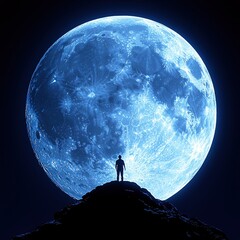 lone figure stands on hill, silhouetted against large, glowing blue moon