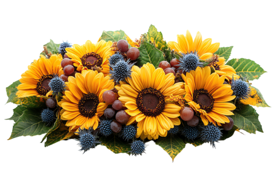 Vibrant arrangement of sunflowers and berries, perfect for brightening any space.