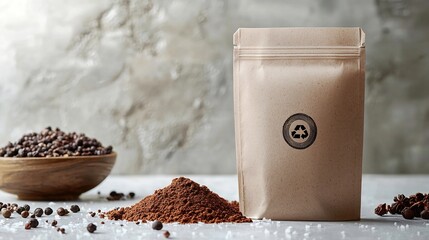 Kraft paper pouch with cocoa powder and peppercorns.